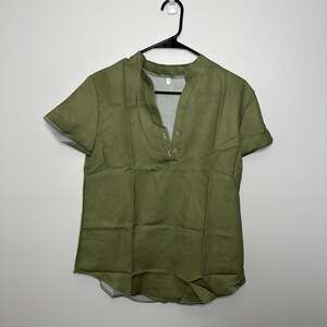 Green Short Sleeve V-Neck Button Down Top